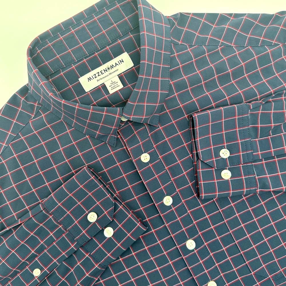 Mizzen+Main Mens Large Trim No Tuck Performance Dress Shirt Navy Red Check